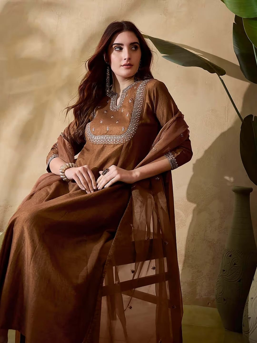 Women's Coffee Brown Embroidered Kurta Set