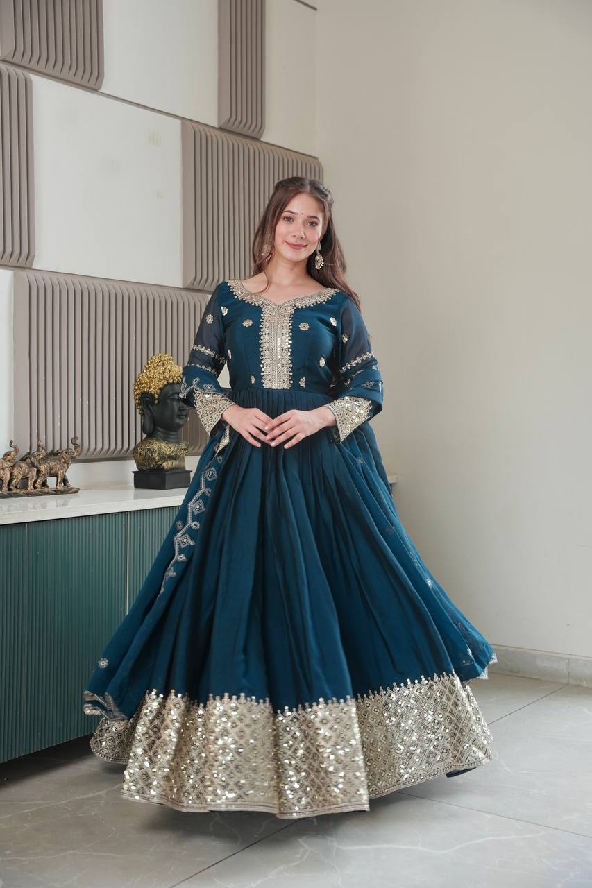 Teal Blue Embroidered Anarkali Gown with Silver Border