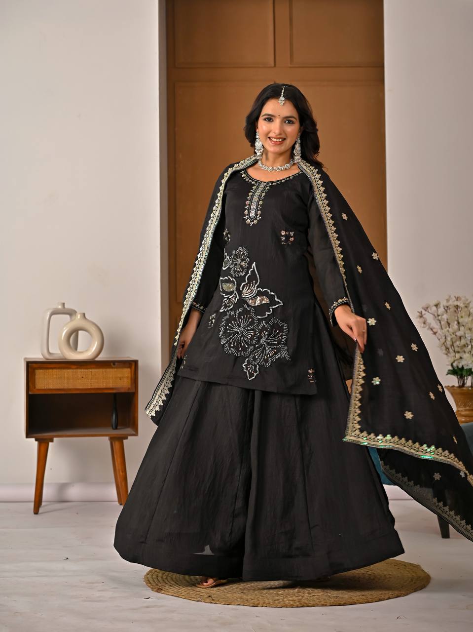 Black Embroidered Palazzo Suit Set with Dupatta
