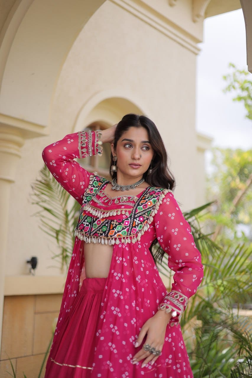 Pink Printed Koti with Flared Lehenga & Embroidered Choli Set
