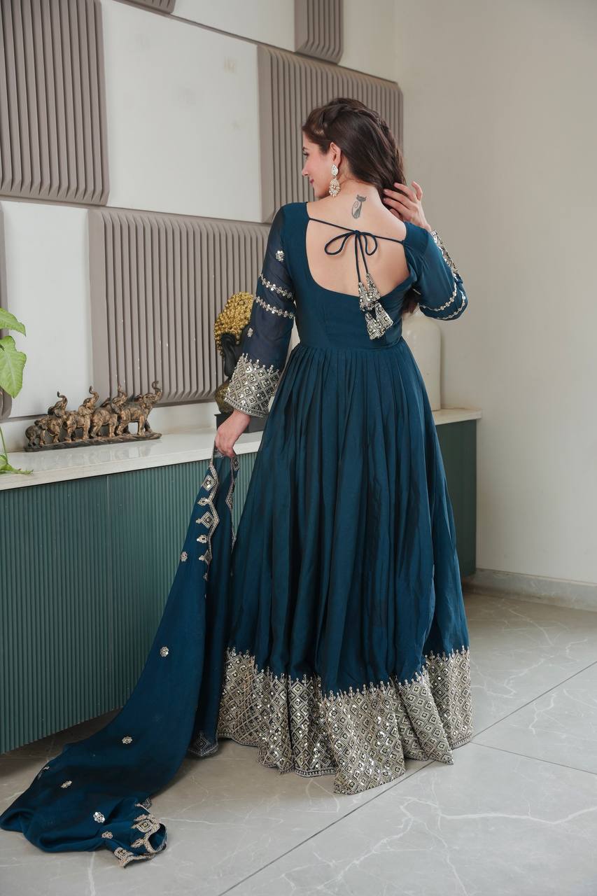 Teal Blue Embroidered Anarkali Gown with Silver Border