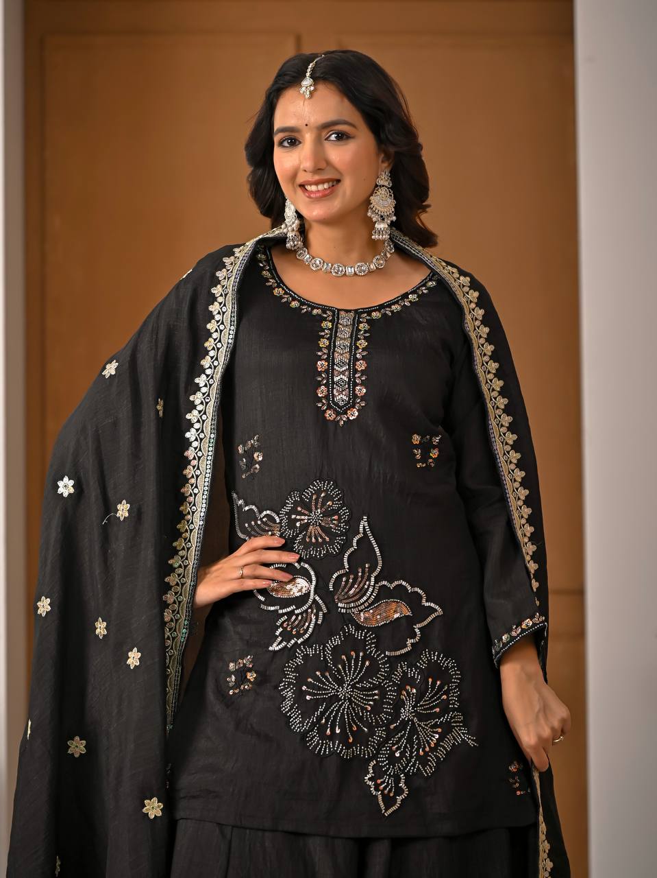 Black Embroidered Palazzo Suit Set with Dupatta