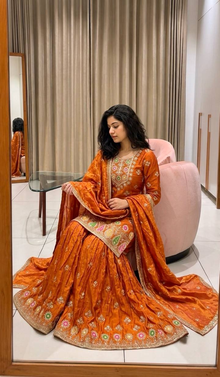 Orange Embroidered Sharara Suit Set with Dupatta