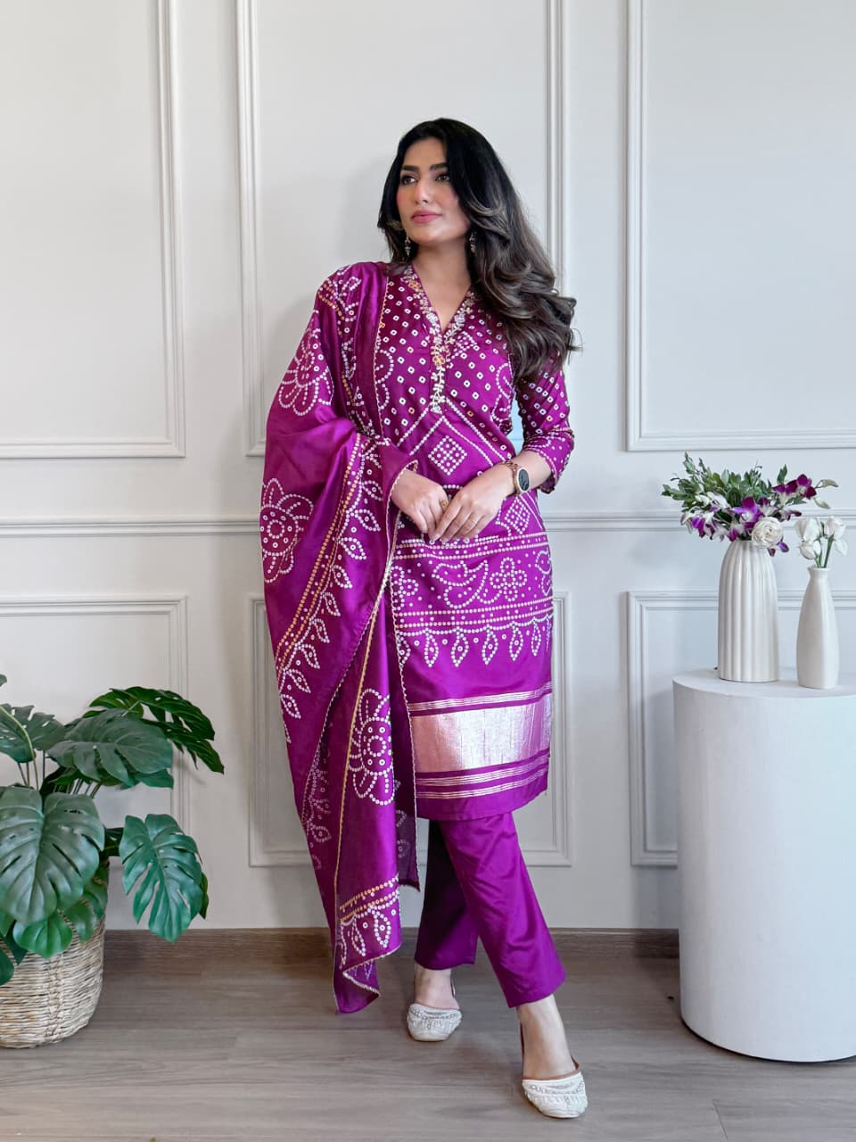 Women's Magenta Bandhani Print Kurta Set