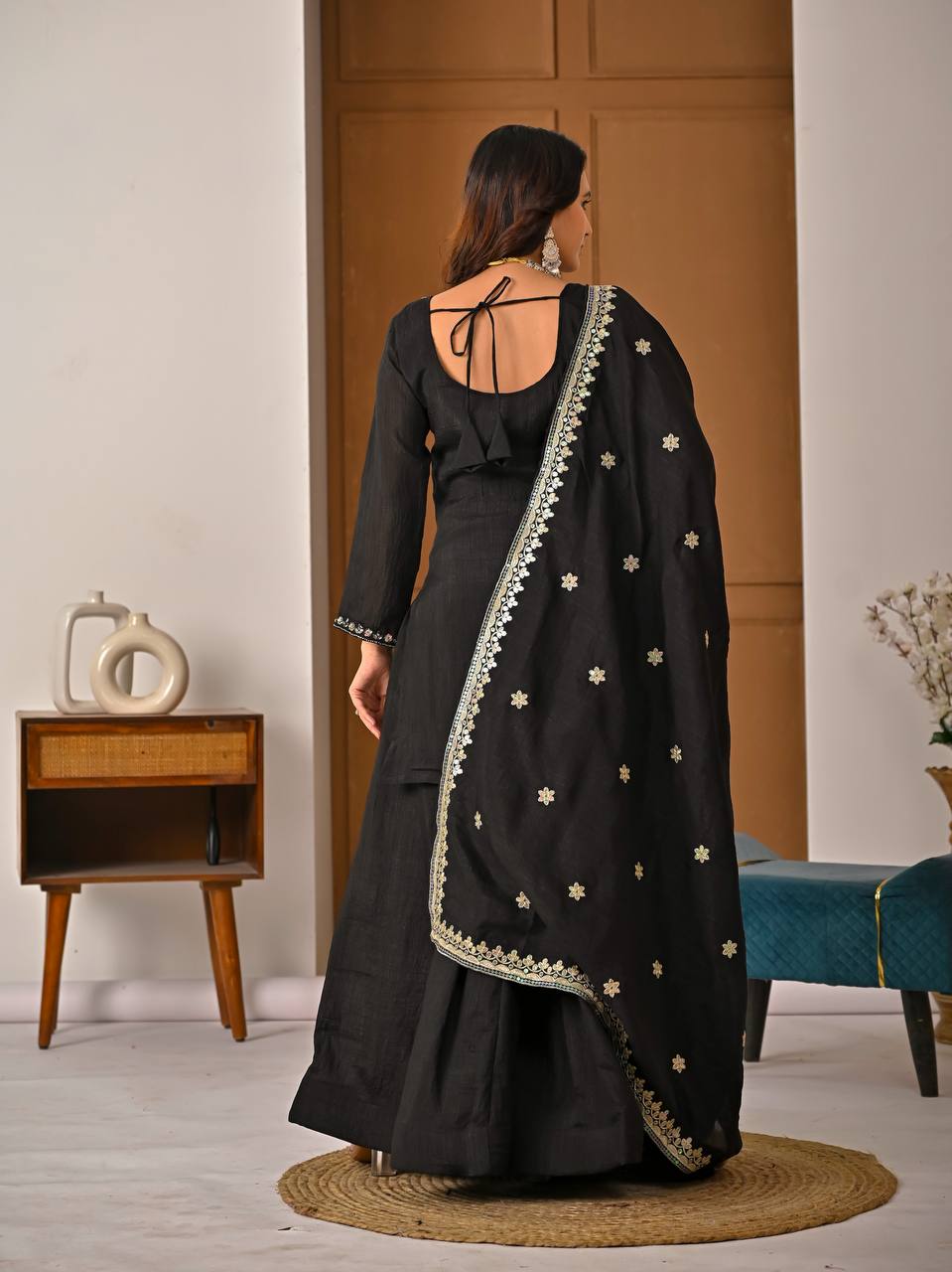 Black Embroidered Palazzo Suit Set with Dupatta