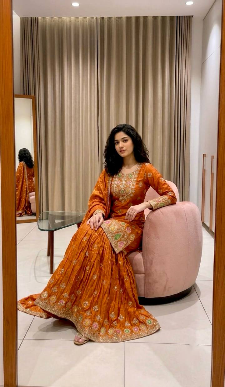 Orange Embroidered Sharara Suit Set with Dupatta
