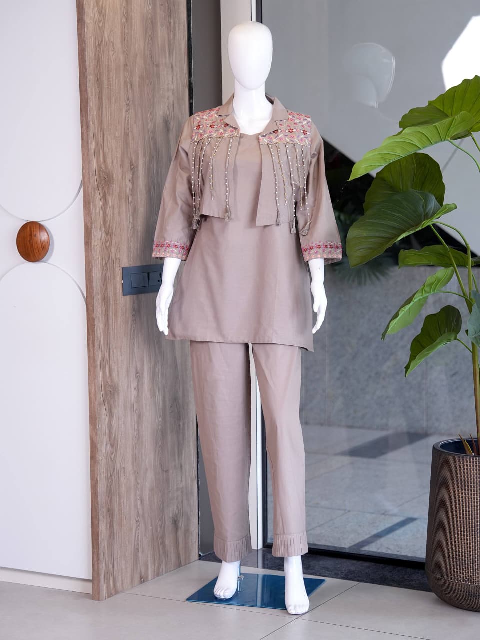 Women’s Beige Embroidered Kurta Pant Set
