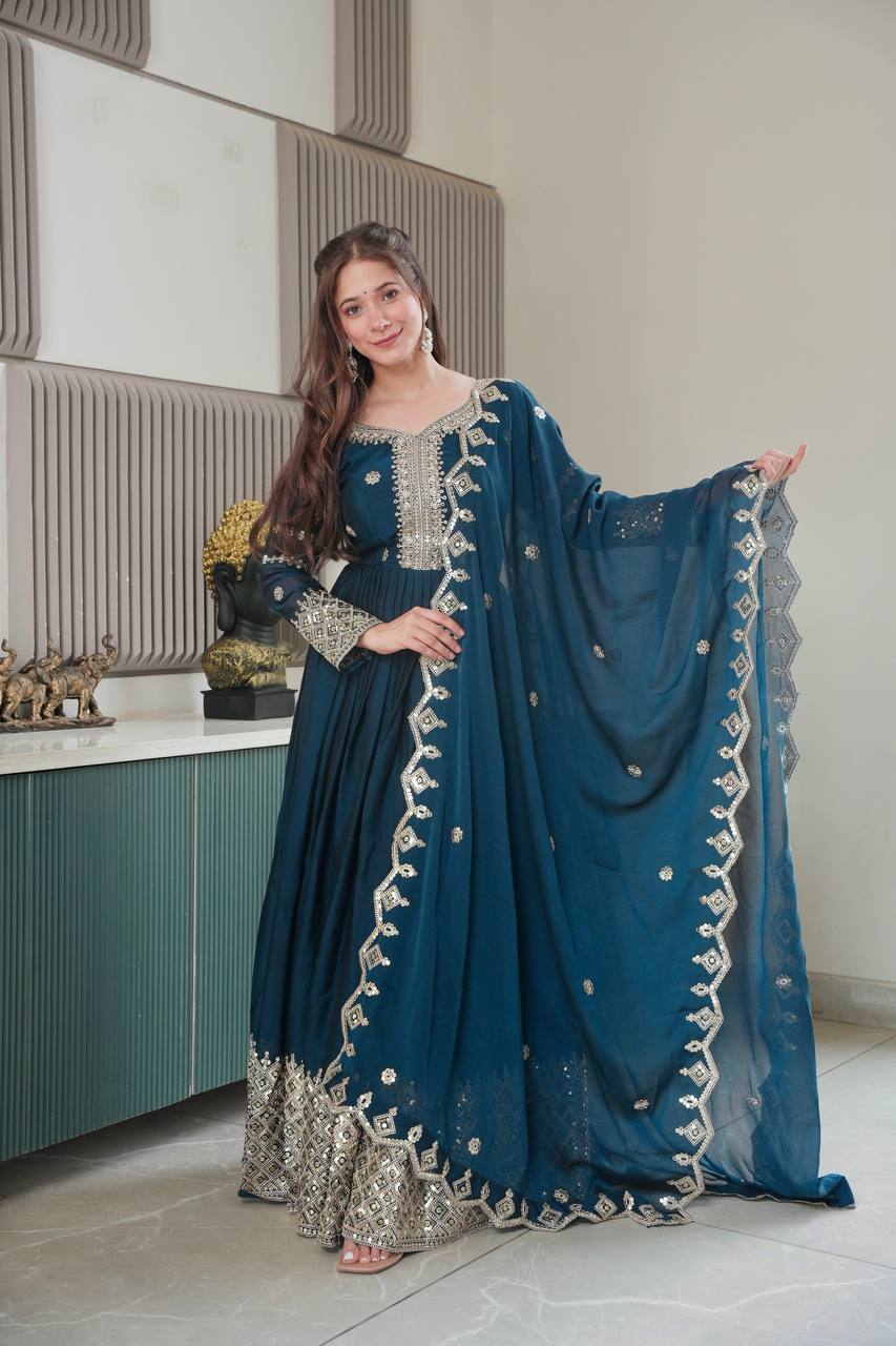 Teal Blue Embroidered Anarkali Gown with Silver Border