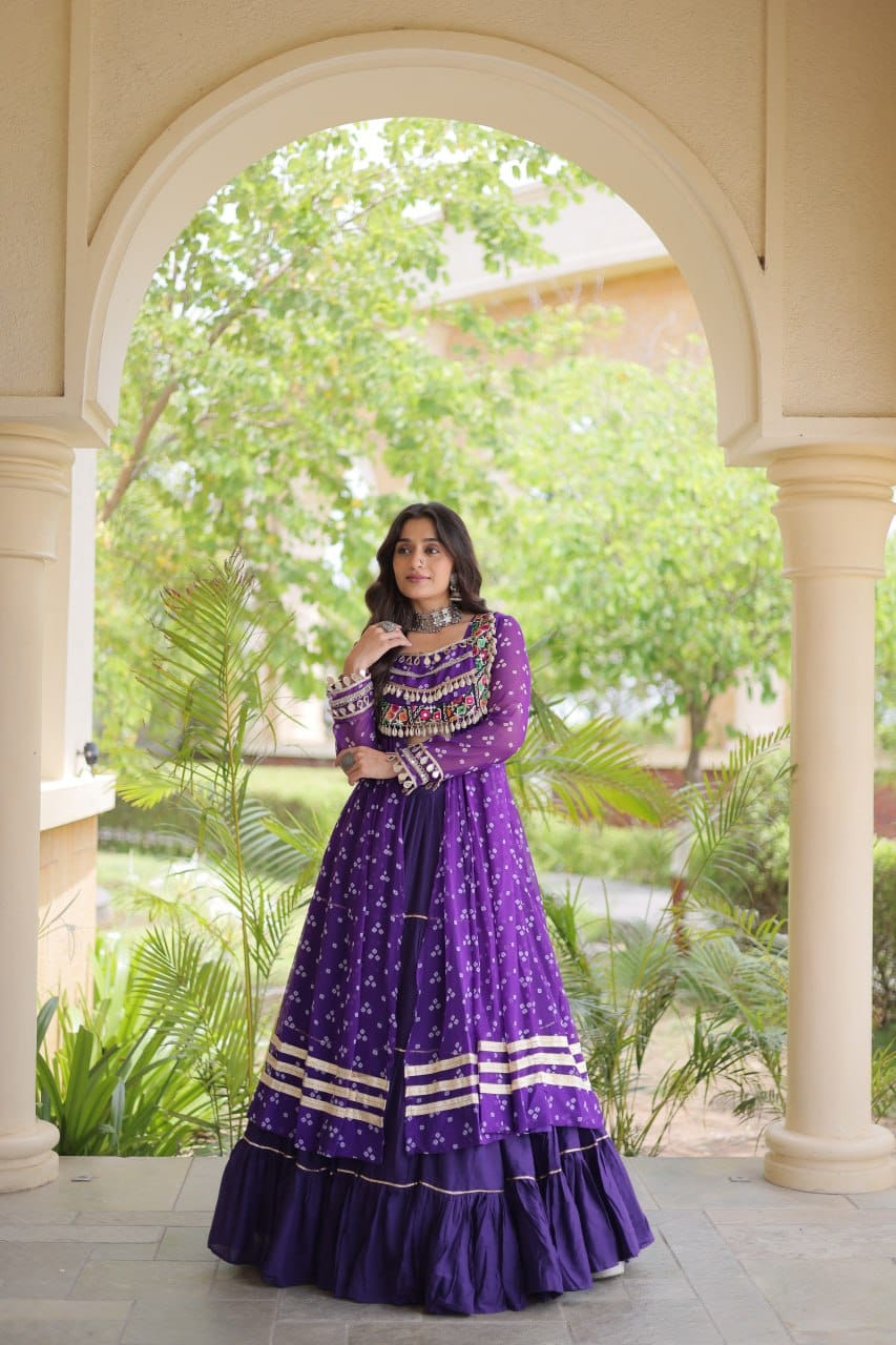 Purple Printed Koti with Flared Lehenga & Embroidered Choli Set
