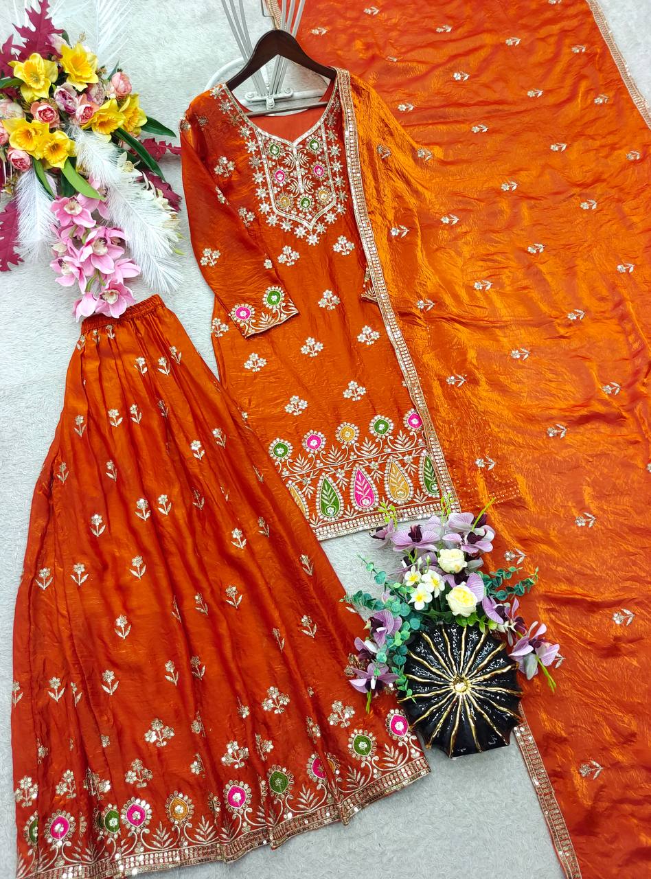 Orange Embroidered Sharara Suit Set with Dupatta
