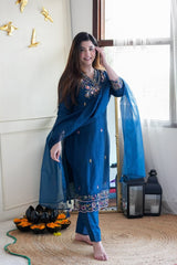 Teal Blue Embroidered Straight Kurta Set