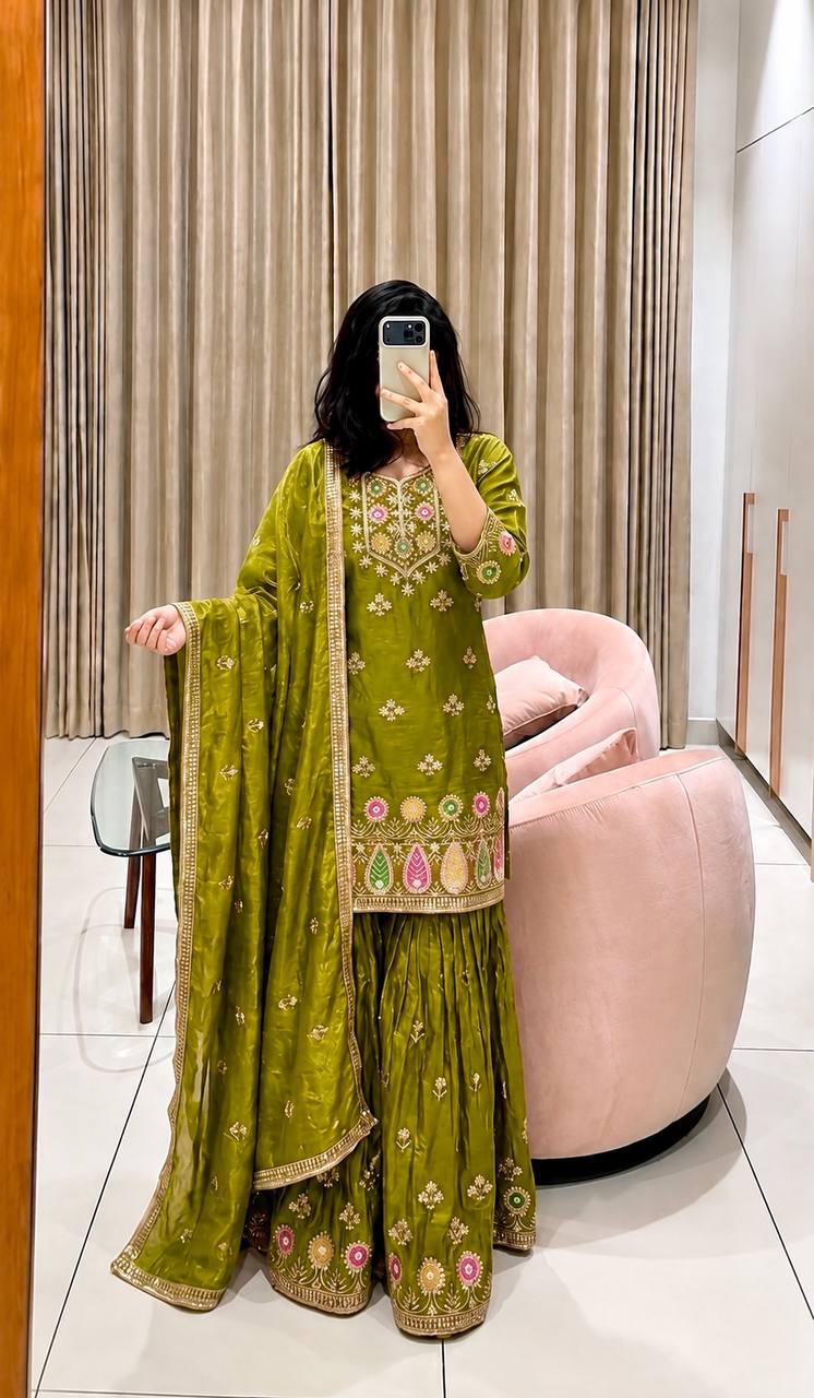 Olive Green Embroidered Sharara Suit Set with Dupatta