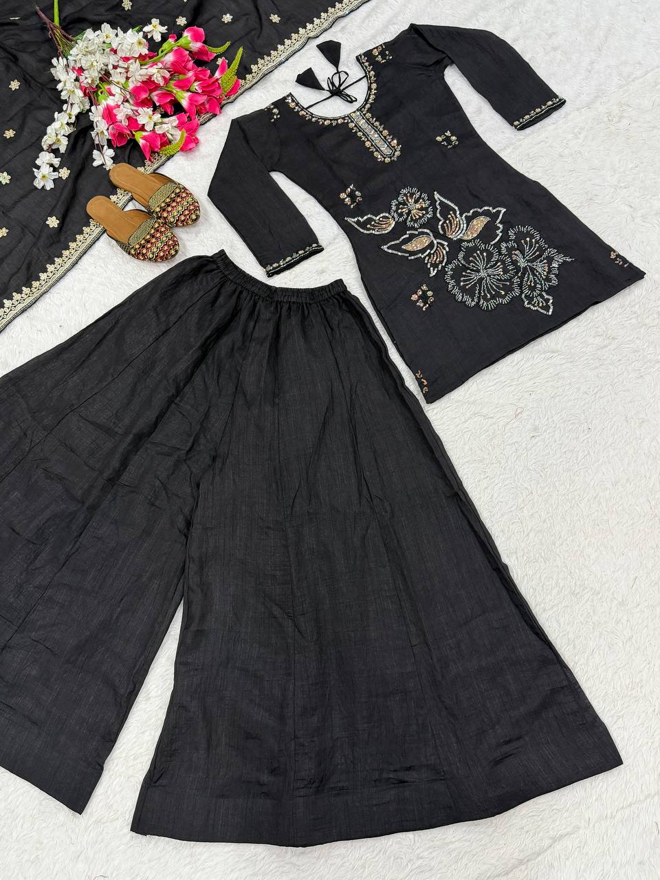 Black Embroidered Palazzo Suit Set with Dupatta