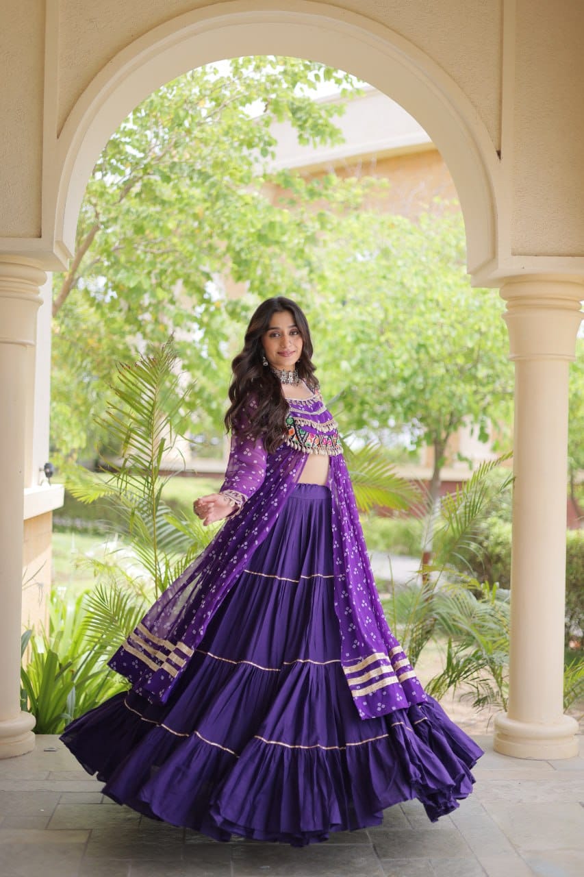 Purple Printed Koti with Flared Lehenga & Embroidered Choli Set