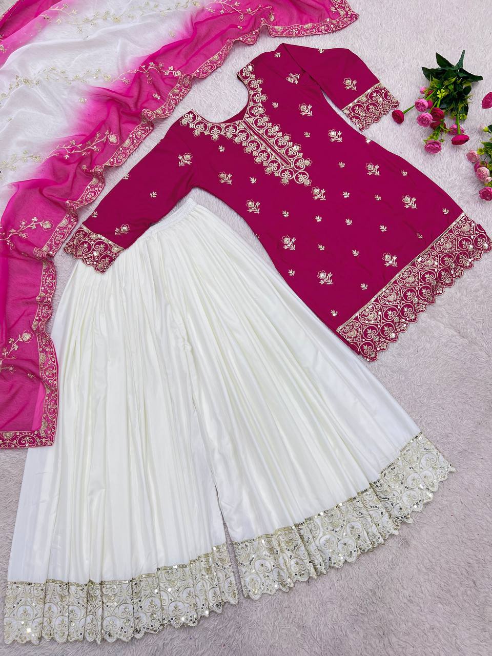 Pink Embroidered Kurta with White Palazzo & Dupatta Set