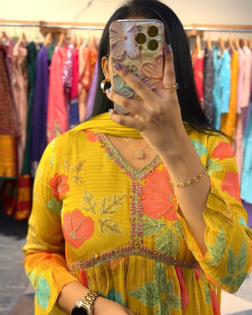 Mustard Yellow Floral Printed Anarkali Kurta Set with Dupatta