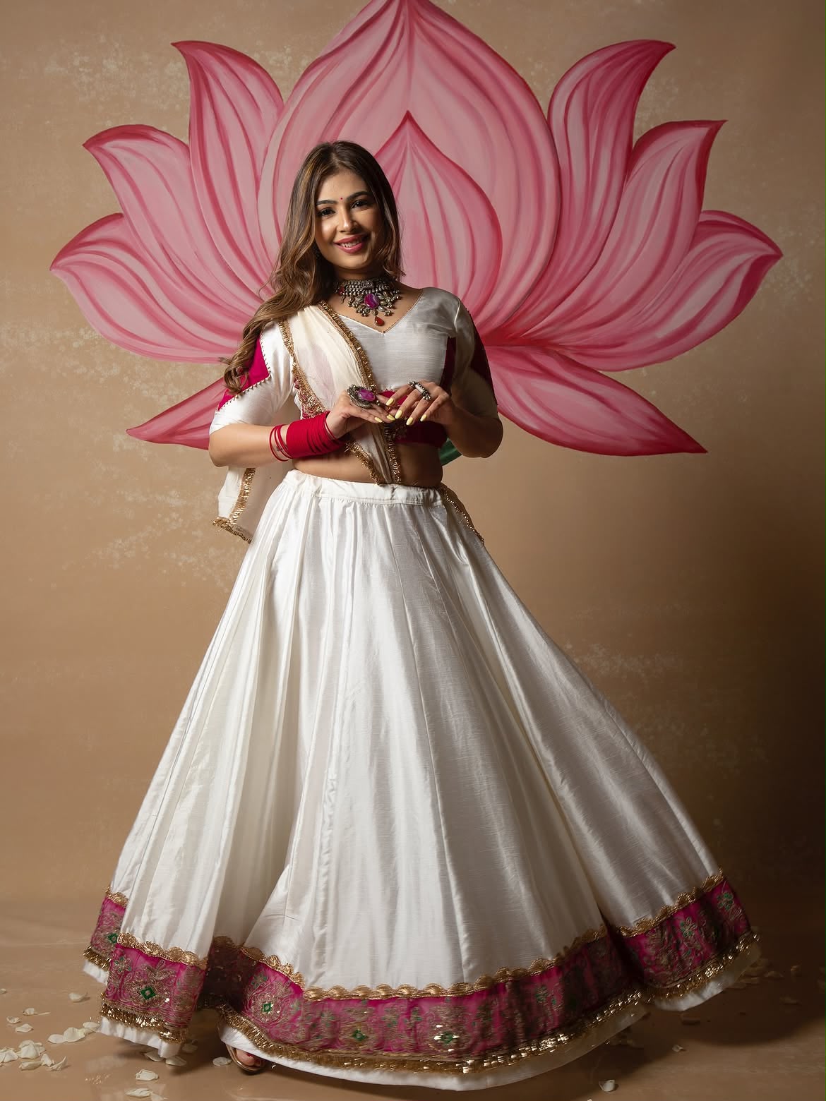 White Lehenga Choli with Pink Embroidered Border & Dupatta