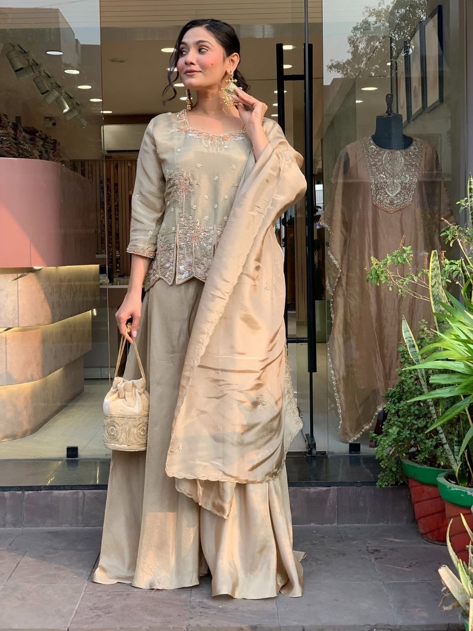 Beige Embroidered Peplum Kurta Palazzo Set with Dupatta