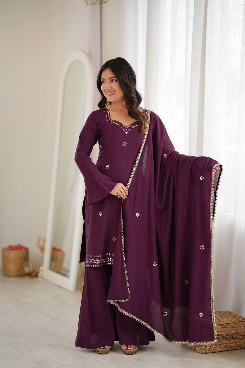 Wine Purple Embroidered Kurta Palazzo Set with Dupatta