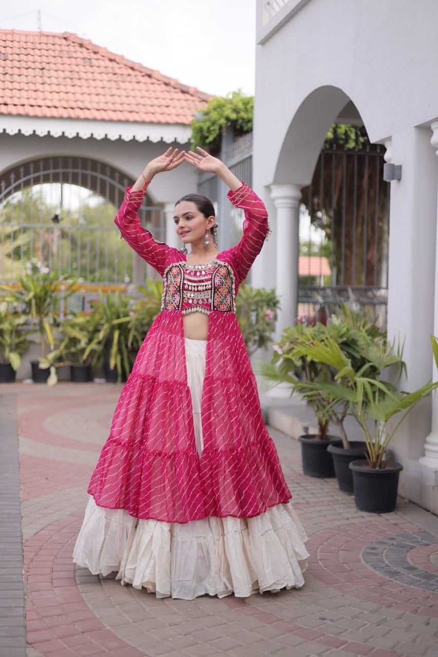 Women’s Pink & White Navratri Lehenga Set with Embroidered Jacket