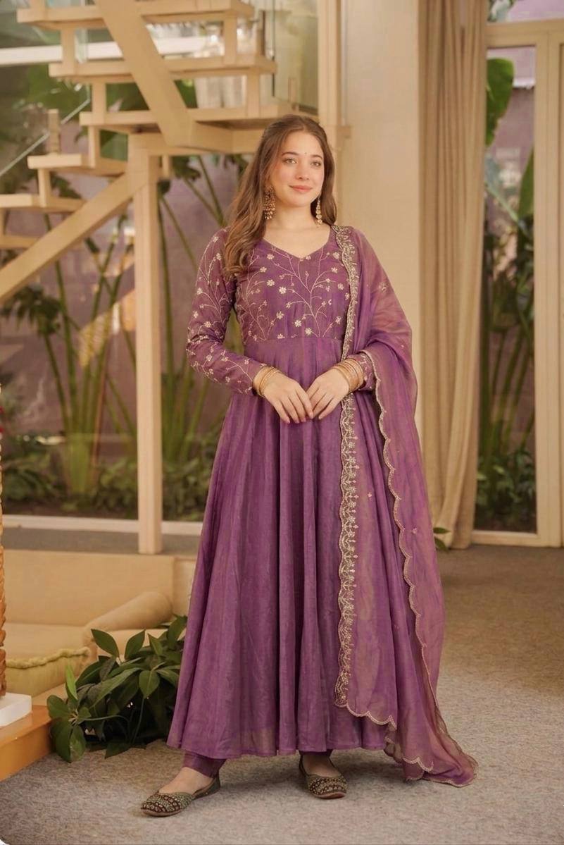 Mauve Purple Embroidered Anarkali Suit with Dupatta