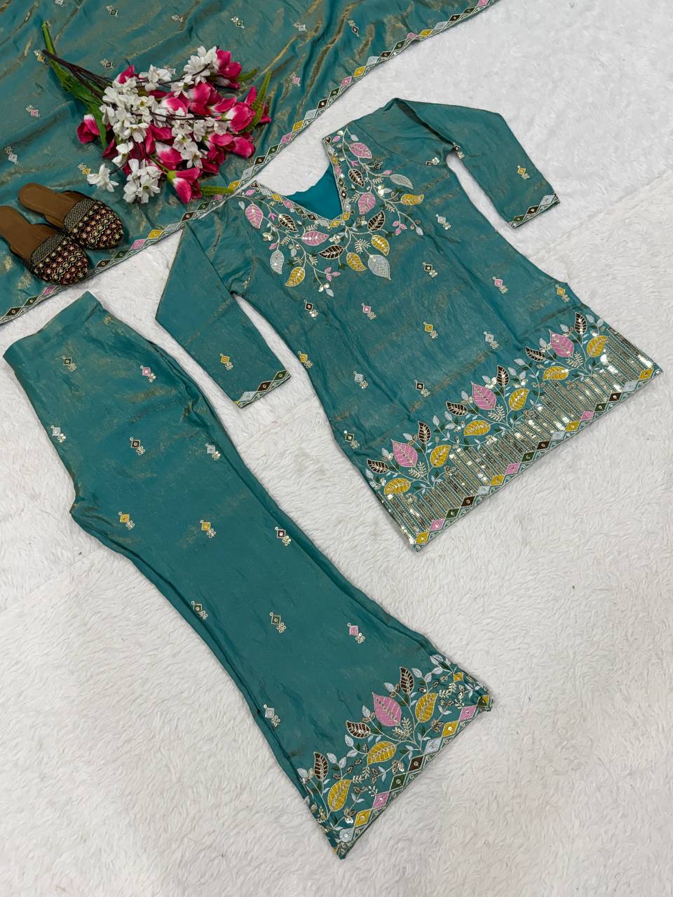 Teal Blue Embroidered Kurta Pant Set with Dupatta