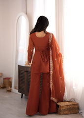 Rust Orange Embroidered Kurta Sharara Set