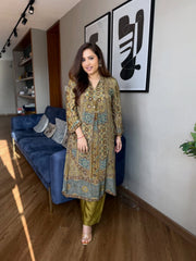 Olive Green Printed A-Line Kurta Set
