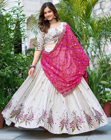 Peacock Embroidered Lehenga Choli with Bandhani Dupatta set