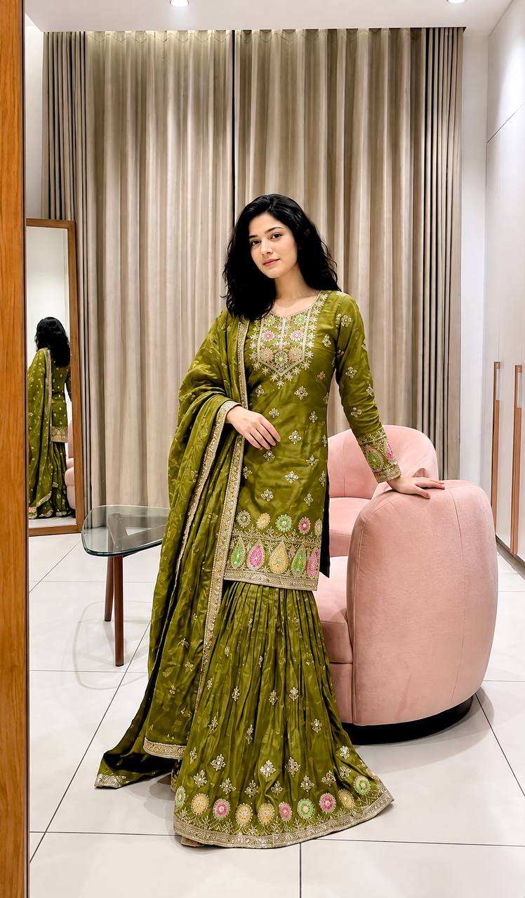 Olive Green Embroidered Sharara Suit Set with Dupatta