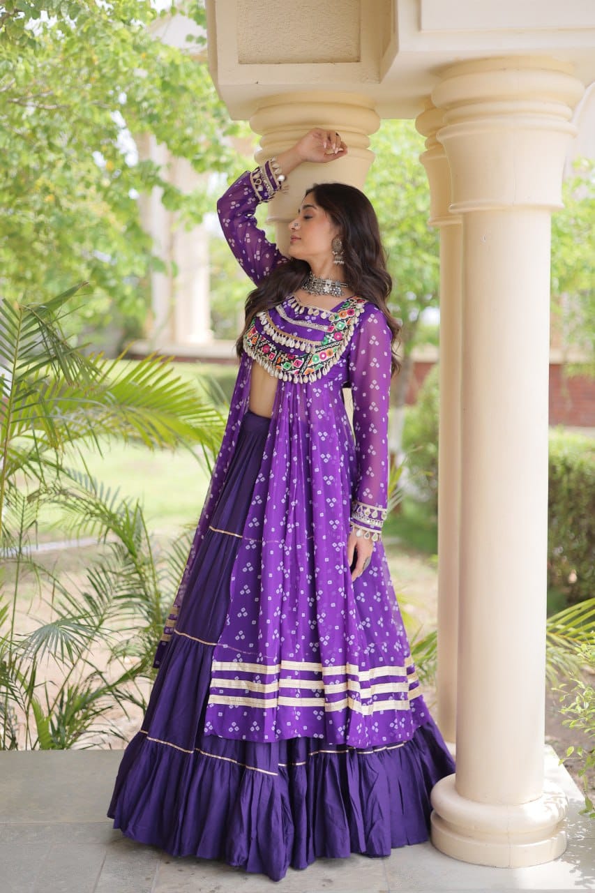 Purple Printed Koti with Flared Lehenga & Embroidered Choli Set