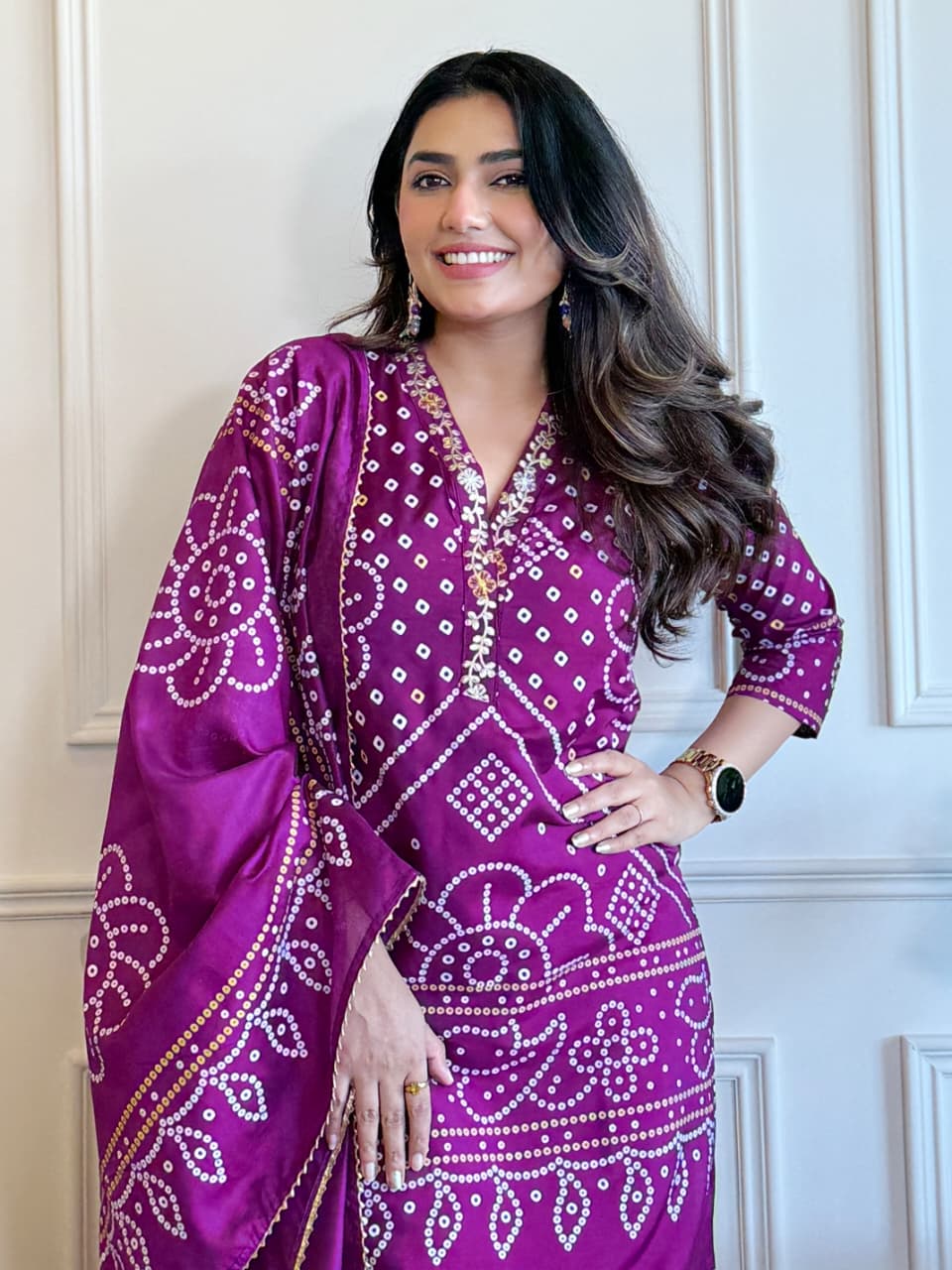 Women's Magenta Bandhani Print Kurta Set
