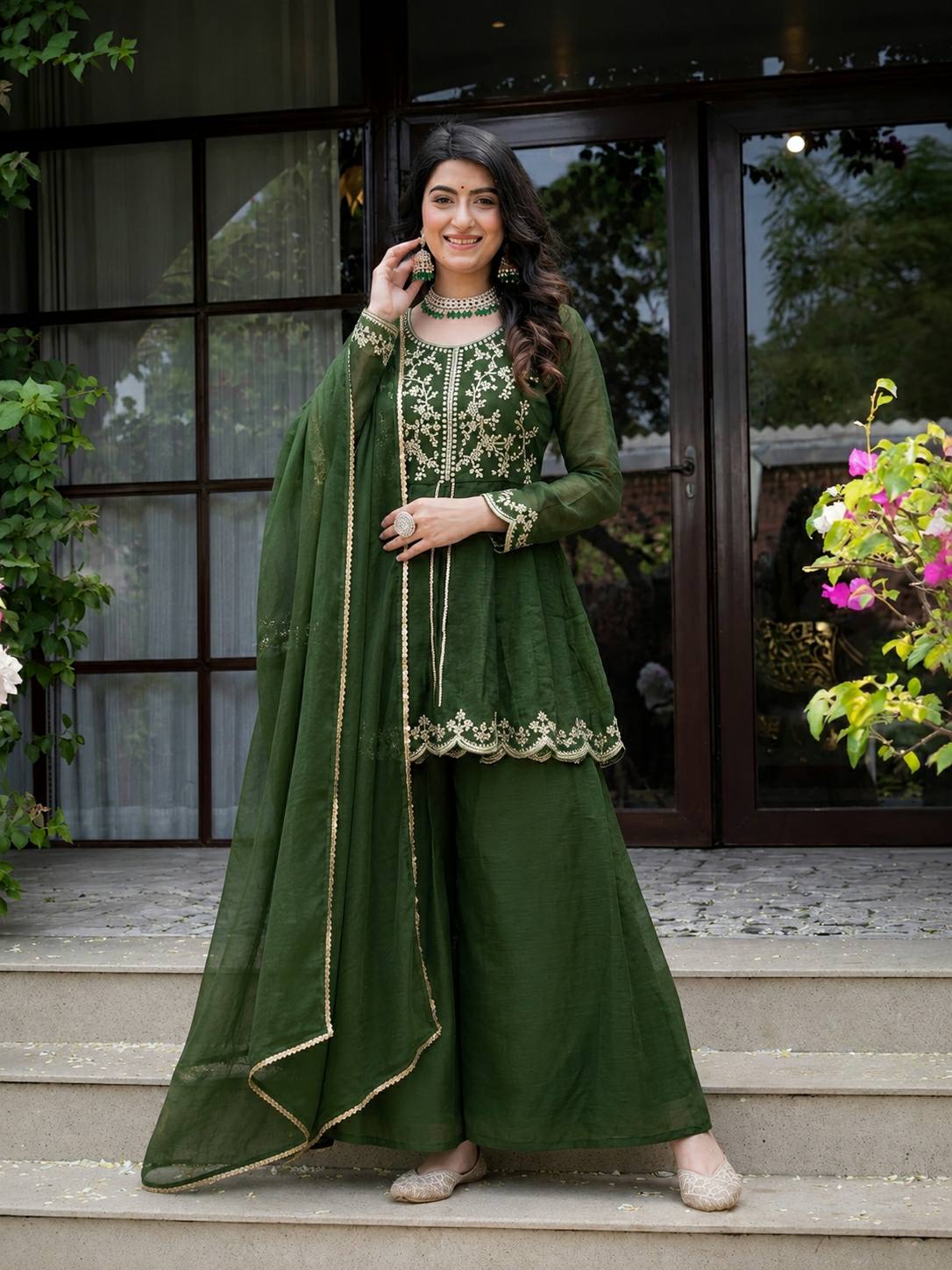Bottle Green Embroidered Sharara Suit Set with Dupatta