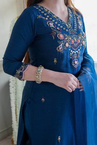 Teal Blue Embroidered Straight Kurta Set