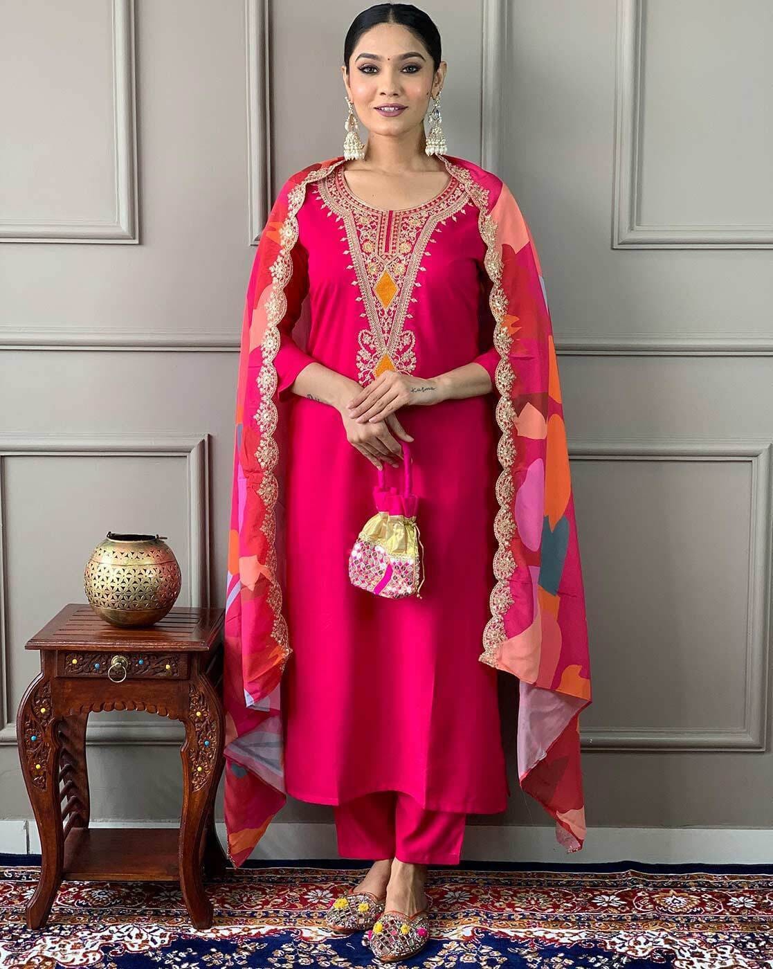 Fuchsia Pink Embroidered Straight Kurta Set