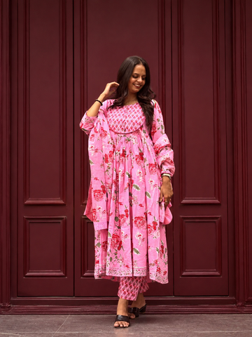Pink Floral Printed Cotton Kurta Set