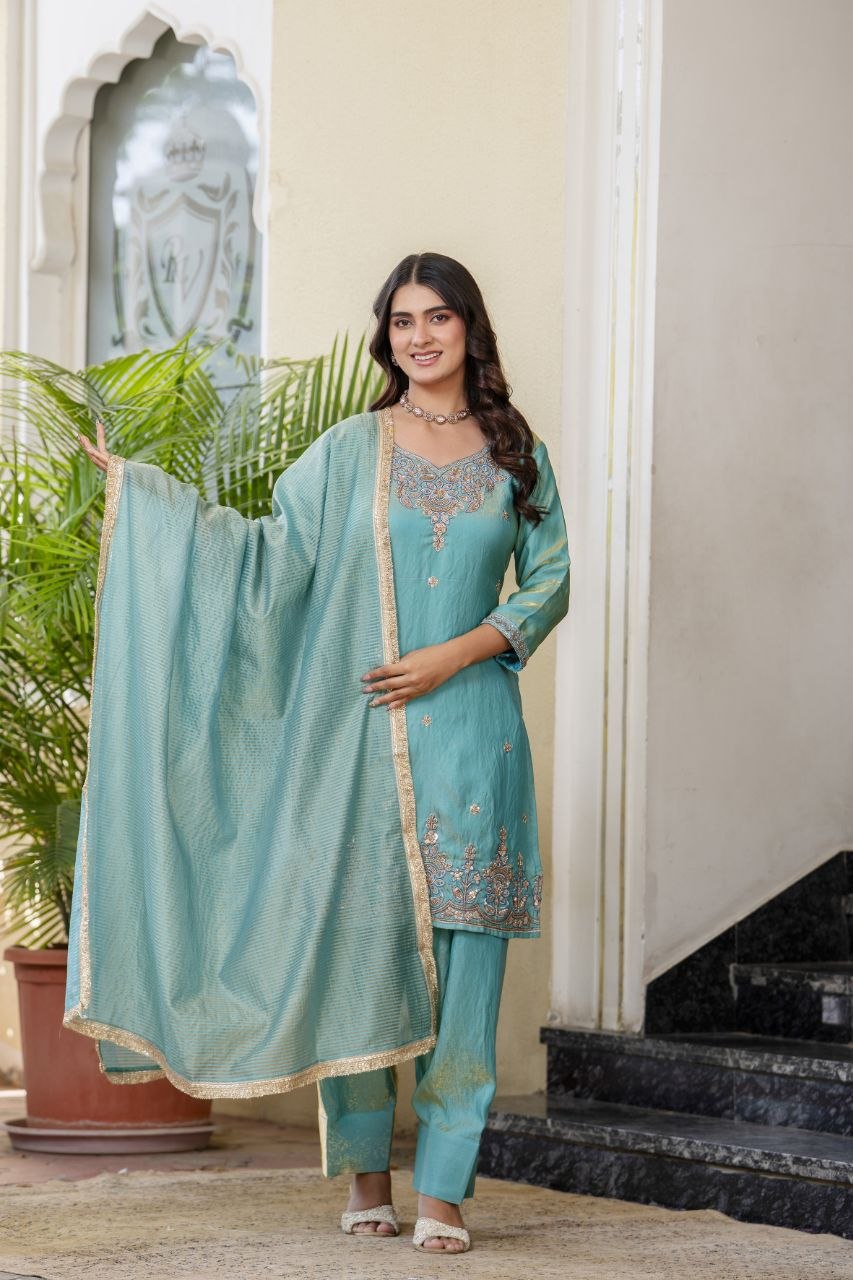 Elegant Aqua Blue Embroidered Kurta Pant Set