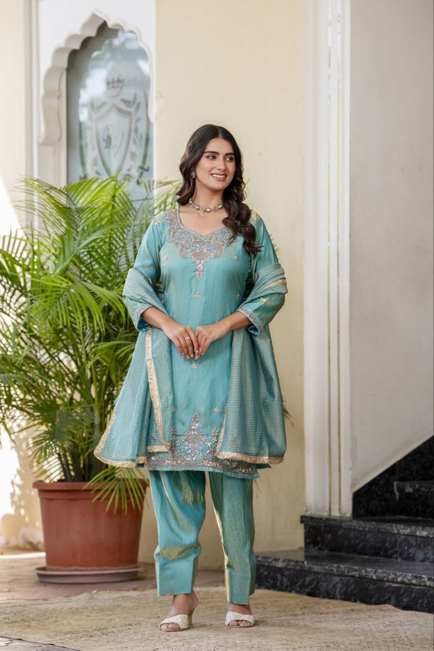 Elegant Aqua Blue Embroidered Kurta Pant Set