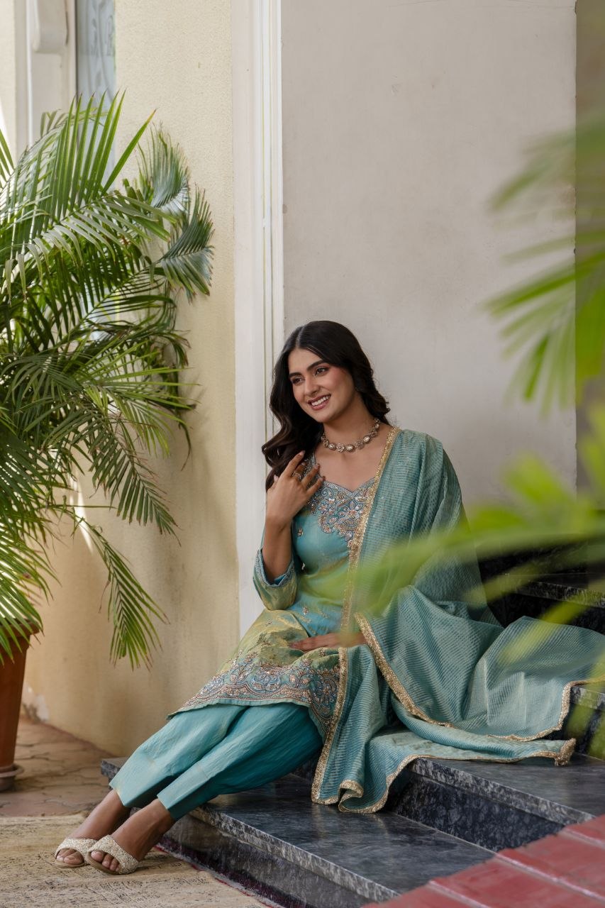Elegant Aqua Blue Embroidered Kurta Pant Set