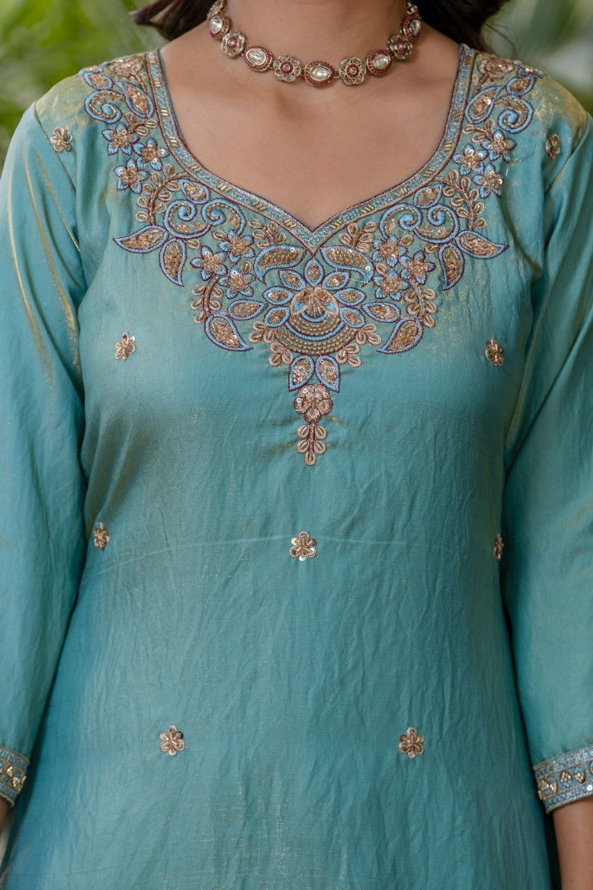 Elegant Aqua Blue Embroidered Kurta Pant Set