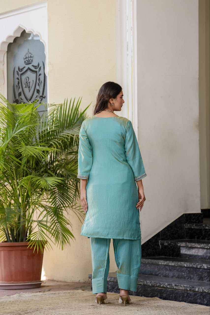 Elegant Aqua Blue Embroidered Kurta Pant Set