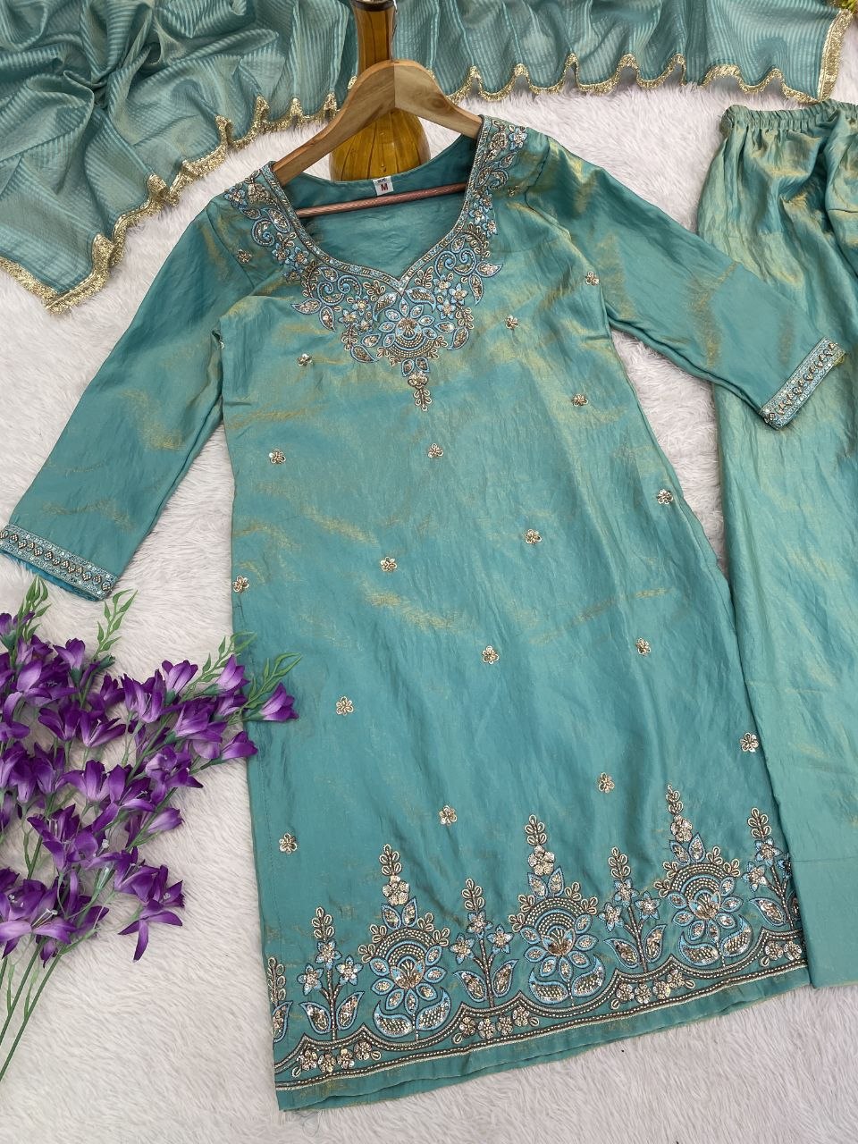 Elegant Aqua Blue Embroidered Kurta Pant Set