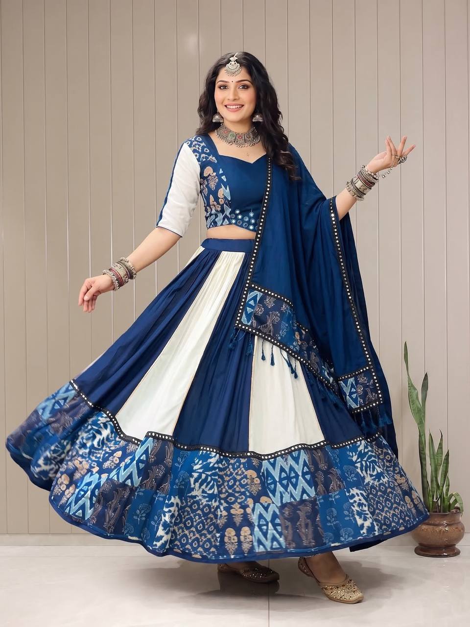 Royal Blue & White Printed Lehenga Choli Set