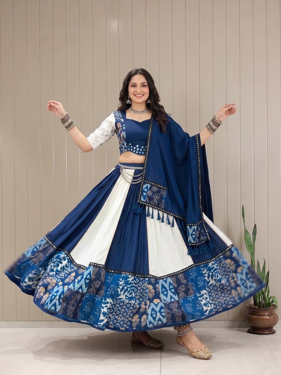 Royal Blue & White Printed Lehenga Choli Set