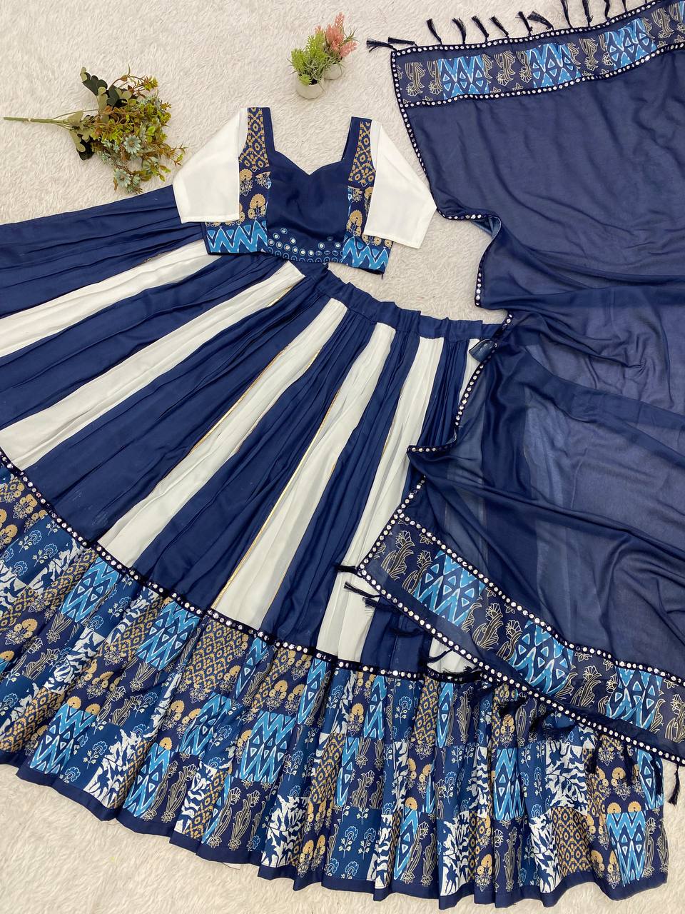 Royal Blue & White Printed Lehenga Choli Set