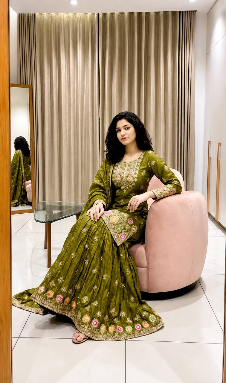 Olive Green Embroidered Sharara Suit Set with Dupatta