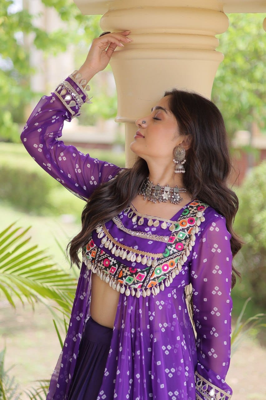 Purple Printed Koti with Flared Lehenga & Embroidered Choli Set