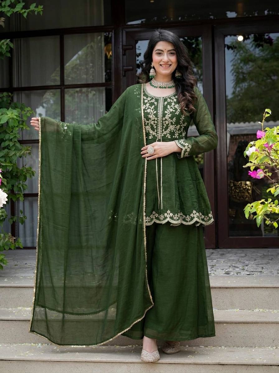 Bottle Green Embroidered Sharara Suit Set with Dupatta