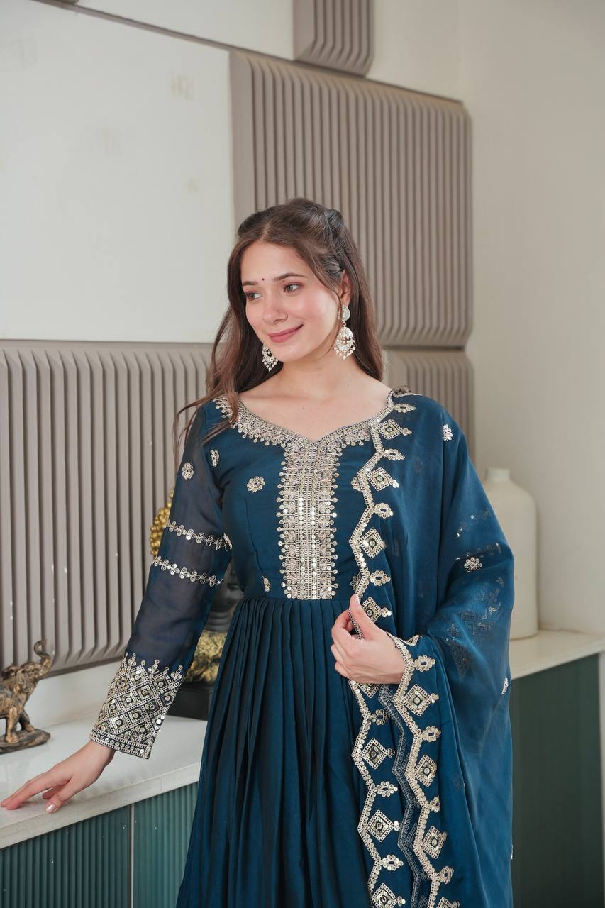 Teal Blue Embroidered Anarkali Gown with Silver Border