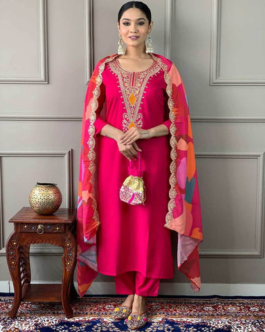 Fuchsia Pink Embroidered Straight Kurta Set